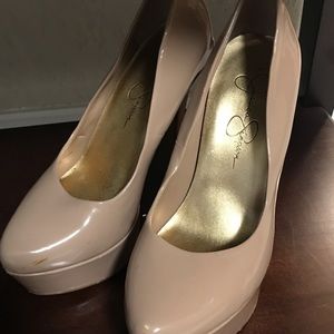 Taupe patent leather platform heels